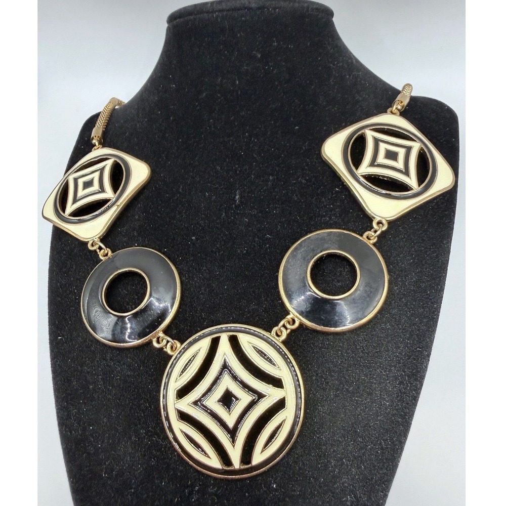 Vintage‎ Black White Gold Enamel Geometric Statement Necklace 24"